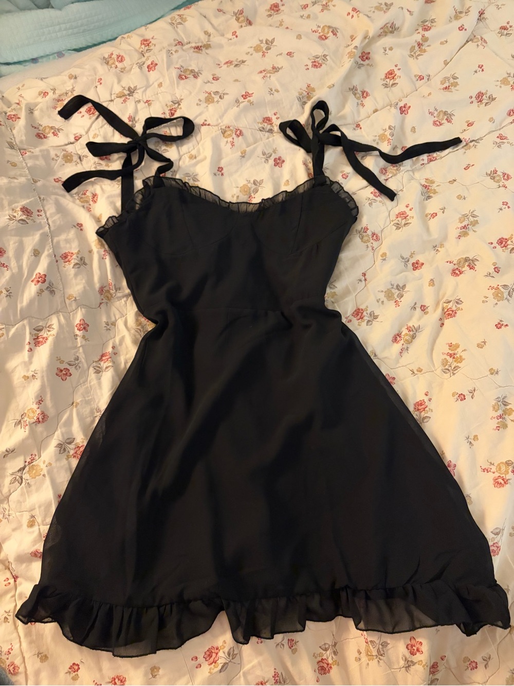 Sheer Black Ruffle Tie-Shoulder Dress